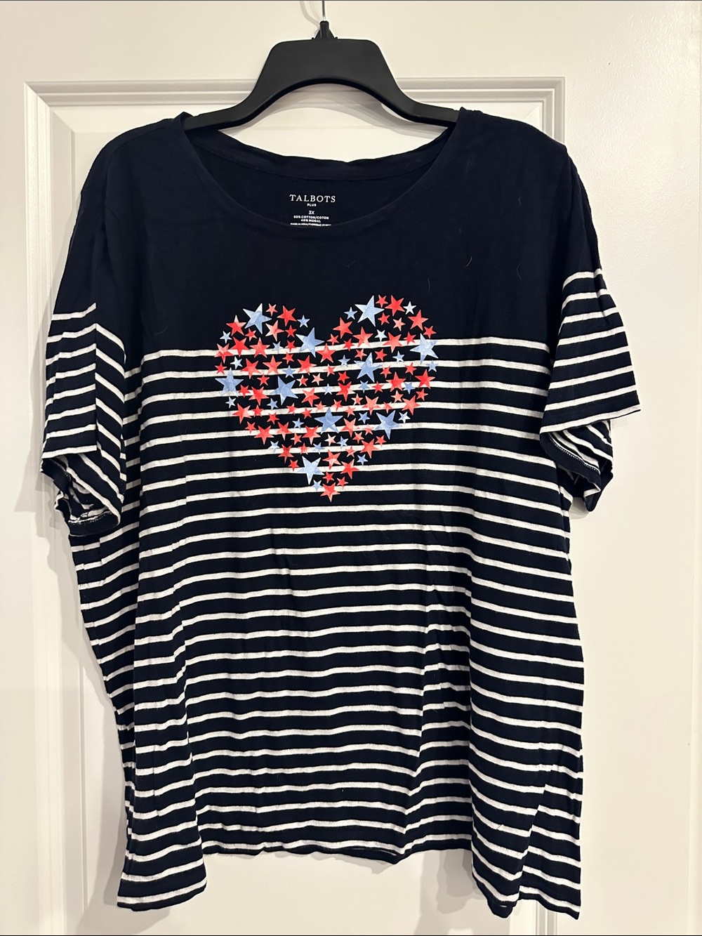 Talbots Navy Striped Tee with Red & Light Blue Star Heart